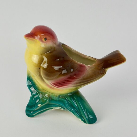 Vintage Royal Copley Kinglet Bird On a Branch Planter Red Beige Yellow Green - Picture 2 of 11